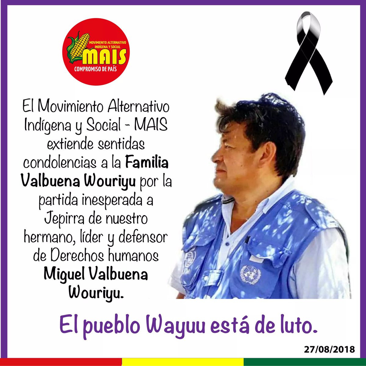 AbelDavidJara's tweet photo. lamentamos profundamente la muerte de nuestro hermano, amigo y líder Miguel Valbuena Wouriyu, Paz en su tumba y mucha fortaleza para toda su familia. @wouriyu https://t.co/20UJzAqvvU