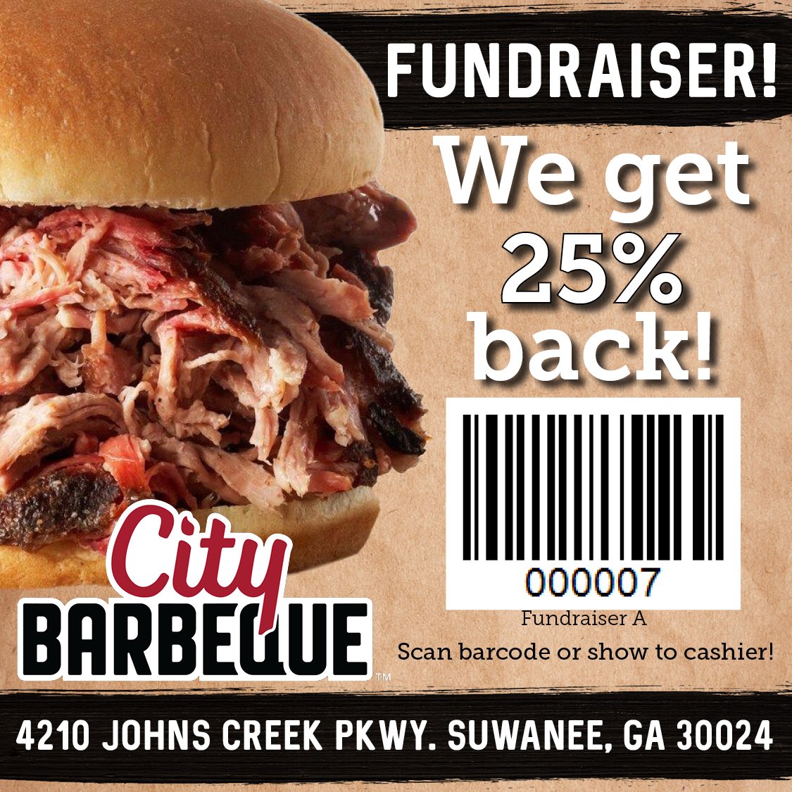 ATL7452's tweet photo. Don’t know where to eat tomorrow night? Come on out to City Barbecue on Tuesday, August 28th and support the Acting Troupe of Lambert! If you scan the barcode in the picture below, you will be giving The Acting Troupe 25% of your total sale. We can’t wait to see you there! 🤘🏻 https://t.co/Pn6qWEMpIb