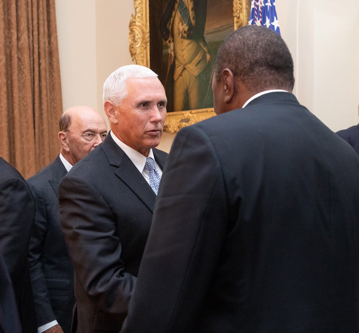 VP45's tweet photo. Honored to join @POTUS Trump today to welcome President @UKenyatta of Kenya to the @WhiteHouse today. President Trump’s administration is committed to working with our allies around the globe on trade, fighting terrorism, and security. https://t.co/CCgSnc772R