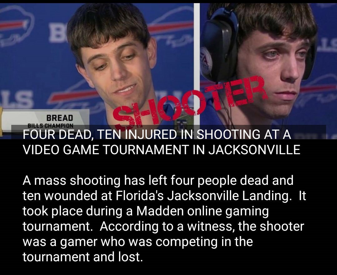 CUATRO MUERTOS, DIEZ HERIDAS EN TIRAR EN UN TORNEO DE VIDEOJUEGOS EN JACKSONVILLE

El evento fue parcialmente capturado en livestream !

Según un testigo, el tirador era un jugador que estaba compitiendo en el torneo y perdió.