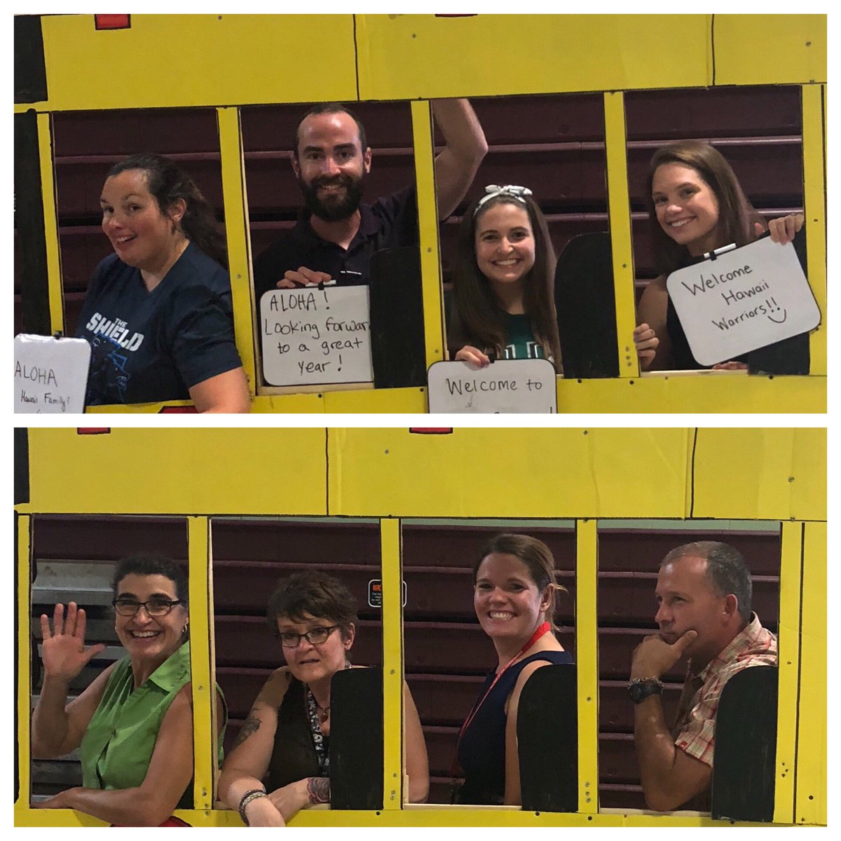 RMS_NH's tweet image. Members of the  @RMS_NH staff getting on the bus with positive messages to welcome our students back this week.