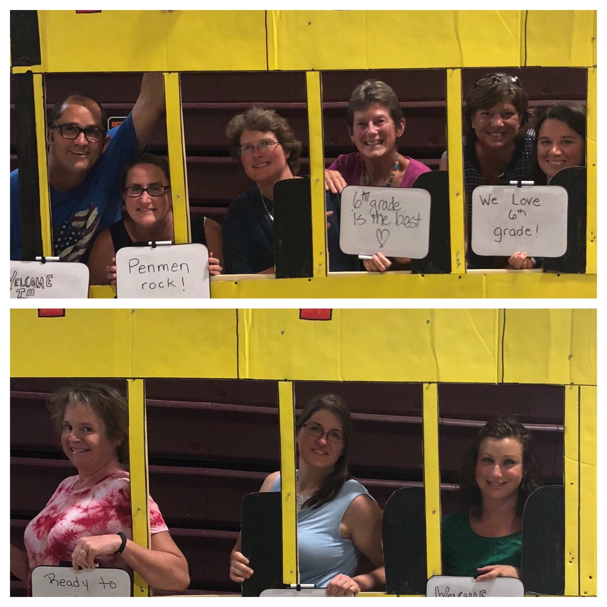 RMS_NH's tweet image. Members of the  @RMS_NH staff getting on the bus with positive messages to welcome our students back this week.