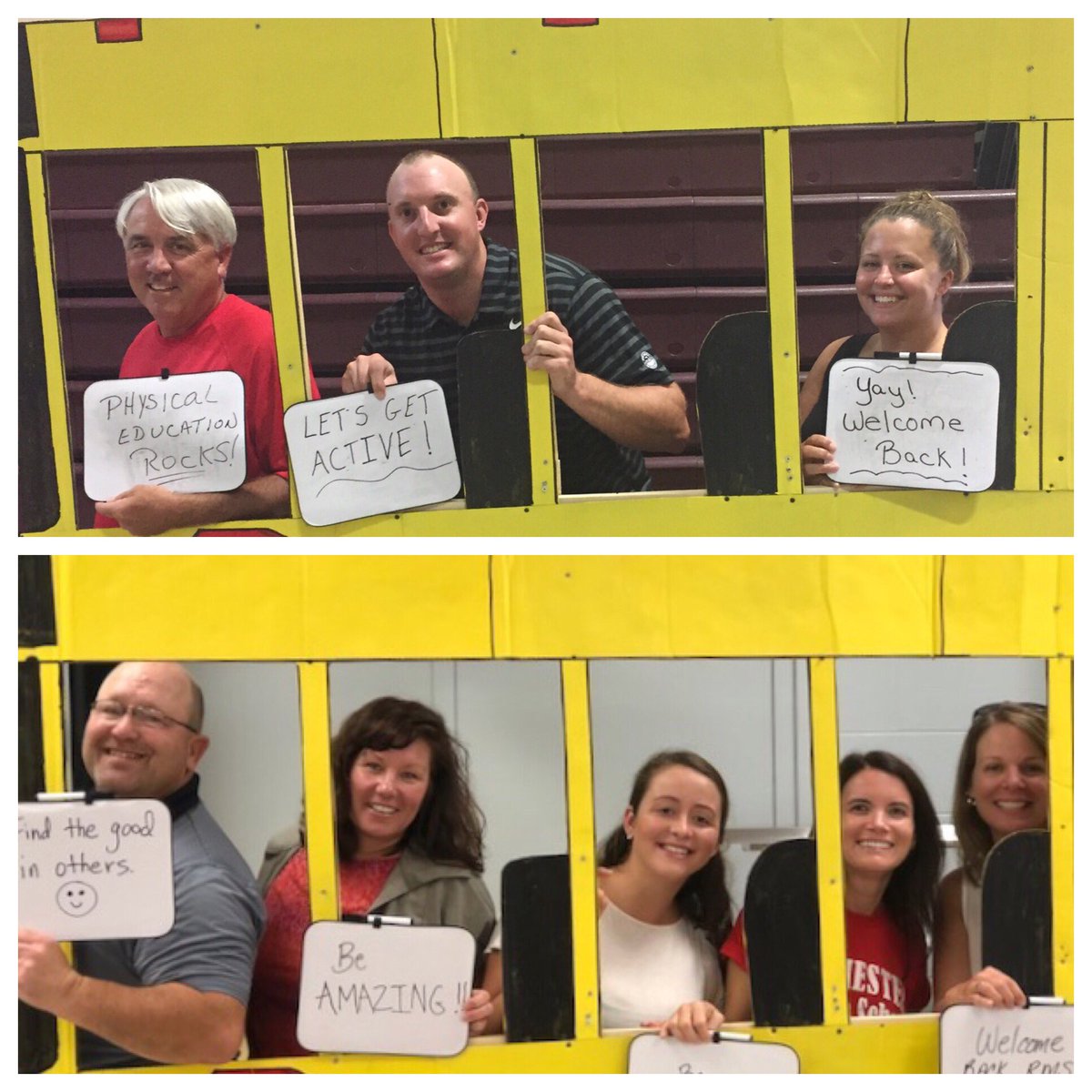 RMS_NH's tweet image. Members of the  @RMS_NH staff getting on the bus with positive messages to welcome our students back this week.