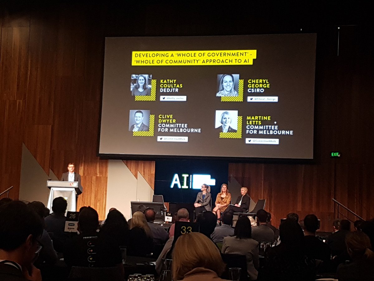 Kathy Coultas (DEDJTR), Cheryl George (CSIRO) and Martine Letts (Committee for Melbourne) ably moderated by Clive Dwyer, talking about the activities talking place in Victoria to explore the development and implications in artificial intelligence   #digitalaisummit