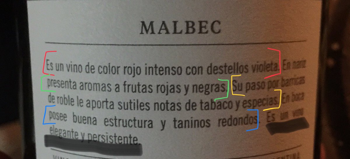 GuadaFabulosa's tweet photo. Lectura del consumidor:

Rojo: a quién le importa 
Verde: como el 95% de los tintos 
Amarillo: la etiqueta dice Reserva (igual a quién le importa)
Azul: sólo para entendidos
Negro: lo único que sirve de esta contraetiqueta

Por qué no escriben para vender en lugar de confundir?😩 https://t.co/zhZhRzRN1k