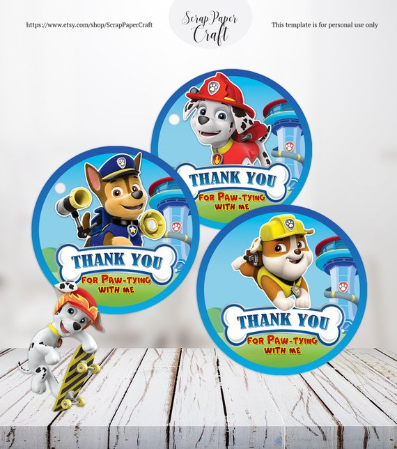 Personalised Circle Paw Patrol Birthday Party Thank You Sticker Labels 49 