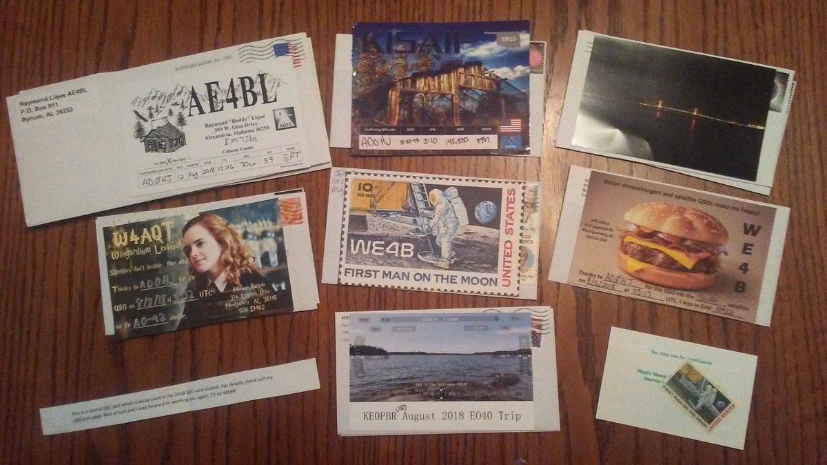 AD0HJ's tweet photo. Mail call! Thanks #AE4BL, @AndrewBNortham, @KE0PBR, #KI5AIF, @w4acutie, and @WE4Bravo for the very cool QSL Cards! Check out the matching QSL Card and vintage stamp that @WE4Bravo sent and also the inspiring words from @KE0PBR. Working on sending replies this week. Thank You! 😀 https://t.co/rm0LfR3LJv