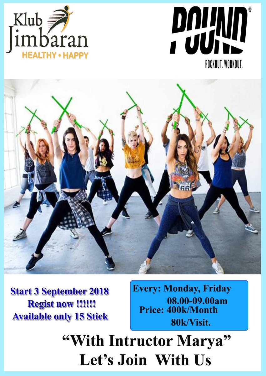 Pound fit adalah teknik olahraga baru dengan gerakan campuran intens kardio, pilates, tari. Uniknya pound fit menggunakan media berupa stik drum dan di ketahui sangat efektif turunkan berat badan.
Instructor Maria
Schedule Monday, Friday 08.00-09.00
Price 400k/ Month 80k/visit