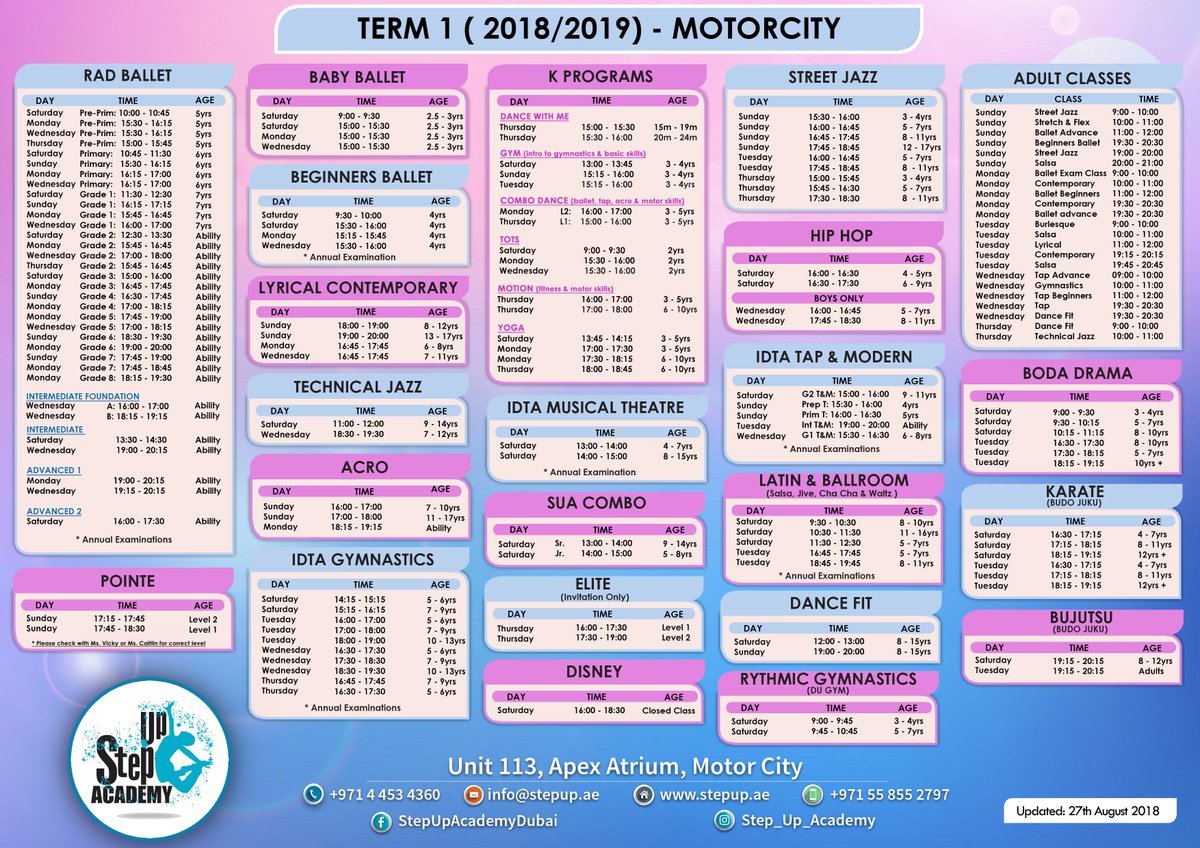 StepUpAcademy's tweet image. Term 1 kicks off on Sat 8 Sept....have you registered yet? Don't forget we offer classes at several locations across Dubai! Get in touch for more info...Phone: +971 4 453 4360 or Mobile: +971 55 8552797 or Email: info@stepup.ae #Dance #performingarts #Dubai #mydubai #Dubaidance