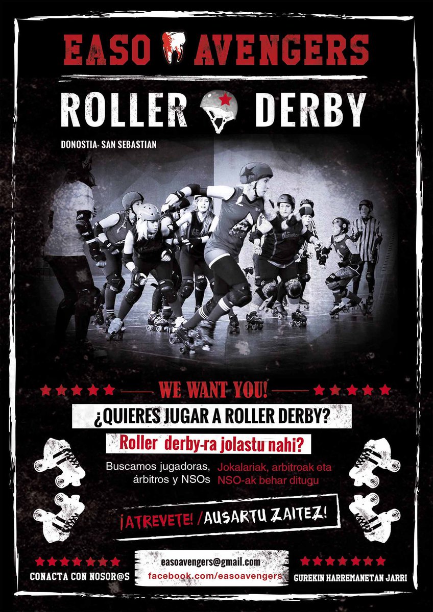 ¡Te estamos buscando! ¿Te gusta patinar? ¡El Roller Derby es un deporte de estrategia,contacto y juego en equipo! 
¡Ven a probar!
Aizu! Patinatzea gustuko duzu? Zure bila gabiltza! Roller Derbya estrategia, kontaktua eta talde lana lantzen duen kirola da!
Zatoz probatzera!