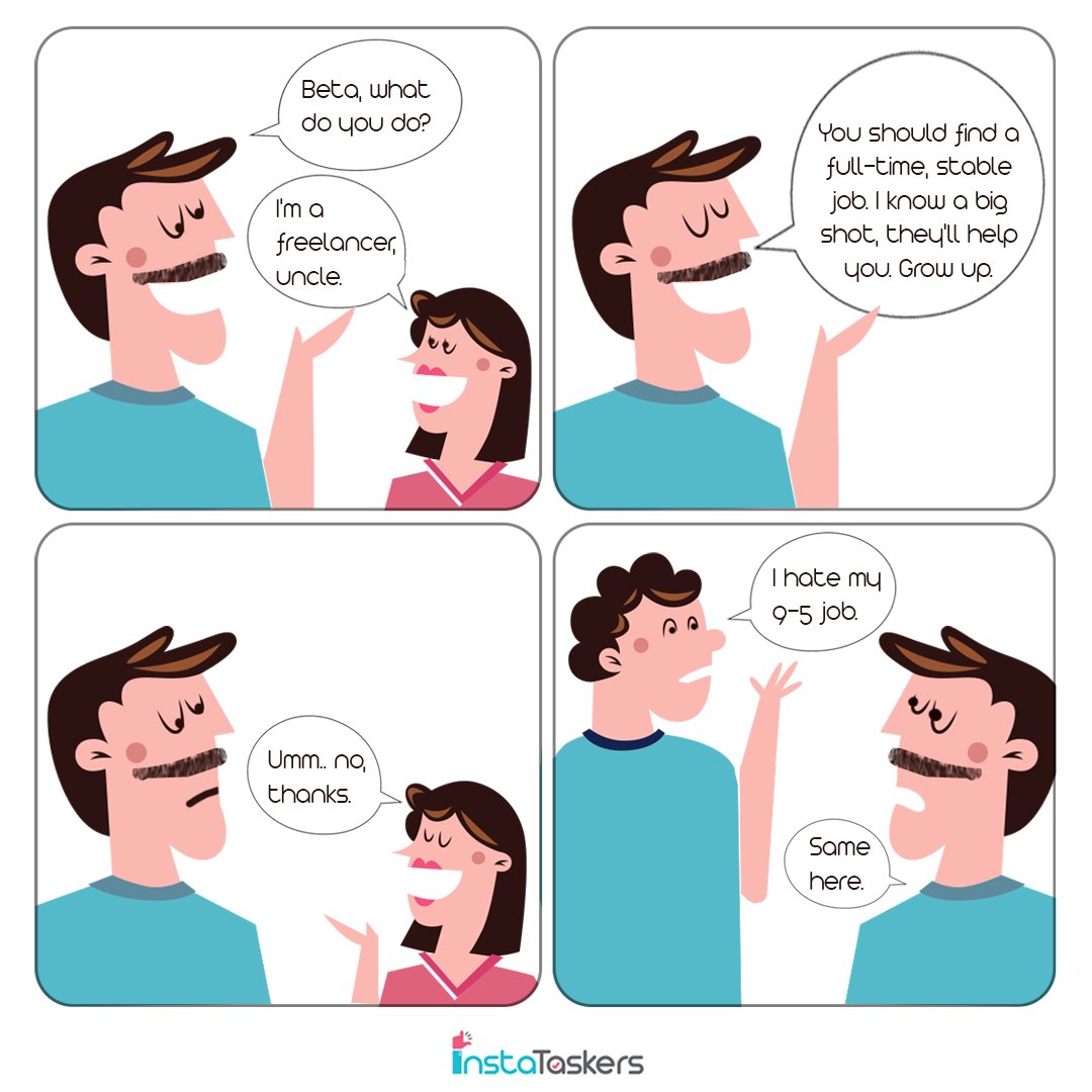 InstaTaskers's tweet photo. India has arguably the largest freelancing workforce in the world. Still, there is a social stigma attached to it. Here is our funny take for all the non-believers. Tag your freelancer friends.
#freelance #freelancer #freelancers #Stigma #discrimination #humour #comicstrip https://t.co/NgRsMKwIPv