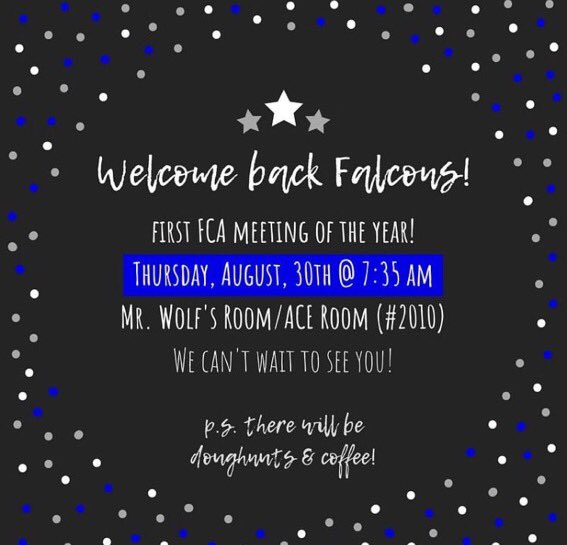 hrhs_FCA's tweet photo. GET READY FALCONS IT’S THE MOMENT YOU’VE ALL BEEN WAITING FOR. This week. Is THE week. Thursday August 30th at 7:35 AM we will see YOU in the ACE room at the first meeting to kick off all other meetings this year. Be there or be⏹✝️🦅💙#fcaalltheway https://t.co/5FxoDvtVsm