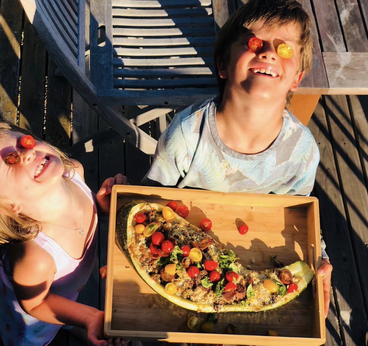 We came back from a 10-day trip & this zucchini had mutated into a monster, so I made stuffed zucchini. Maison said, “I’m gonna have seconds & we should put this in our cookbook!” West said, “The zucchini isn’t as gross as I thought.” I’ve never received more glowing compliments.