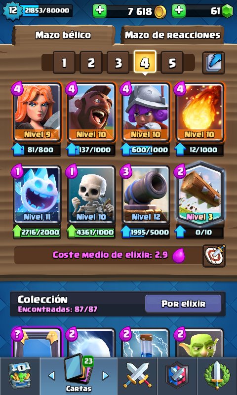 Vendo cuenta de Clash Royale

Comunes 11-12 (Zap y elites max)
Especiales 8-9 (Monta, mosquetera y bola de fuego al 10)

Epicas 5-6 (Barril para maxear)

Consultas y precio al MD.

Cualquier RT se agradece, el precio es negociable.
