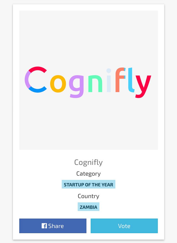cognifly's tweet photo. RT:: Hello, Cognifly has been nominated for the Southern African Startup Awards2018 in the following Categories 

Best Social Impact Of The Year
Best New Comer 
Start Up of The Year 

Please show support by voting from here >>>> https://t.co/jT1z1Blr8q https://t.co/r6Oyy7uf20