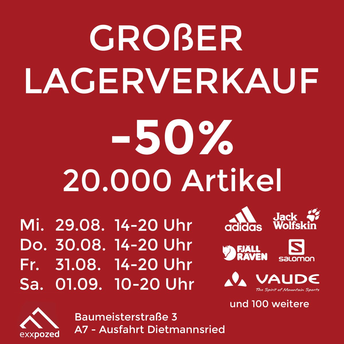 Großer Lagerverkauf an unserem neuen Standort🙌🏼
-50% auf über 20.000 Artikel 🚨
Direkt an der A7 - Ausfahrt Dietmannsried

Wir freuen uns auf Dich 🤗

#lagerverkauf #sale #exxpozed #allgäu