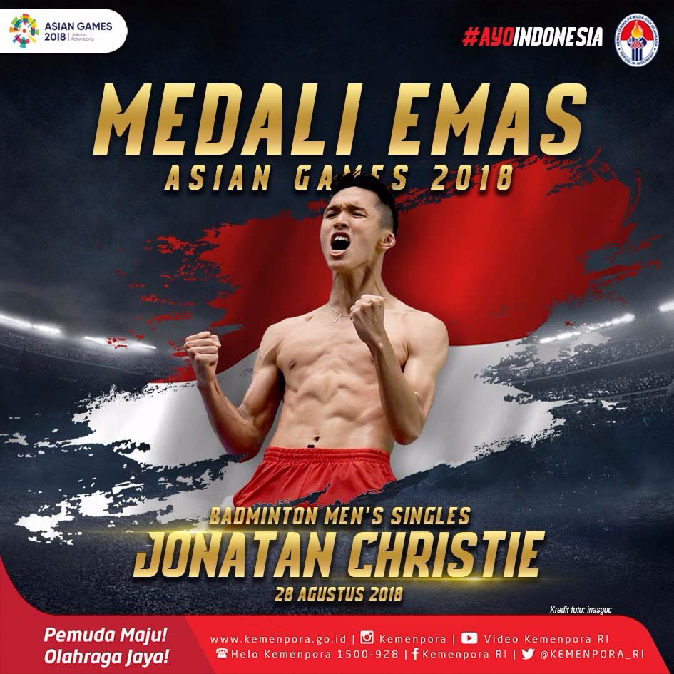 EMASS Jojo..!!
Penampilan super KEREN,dukungan SPEKTAKULER ratusan juta masy Indonesia.Inilah EMAS ke-23 di #AsianGames2018. Istora Senayan bergelora,Indonesia Raya Berkumandang dan 🇲🇨 berkibar pd puncak tertinggi
.
12 tahun penantian,emas tunggal putra Asian Games kembali.-IN