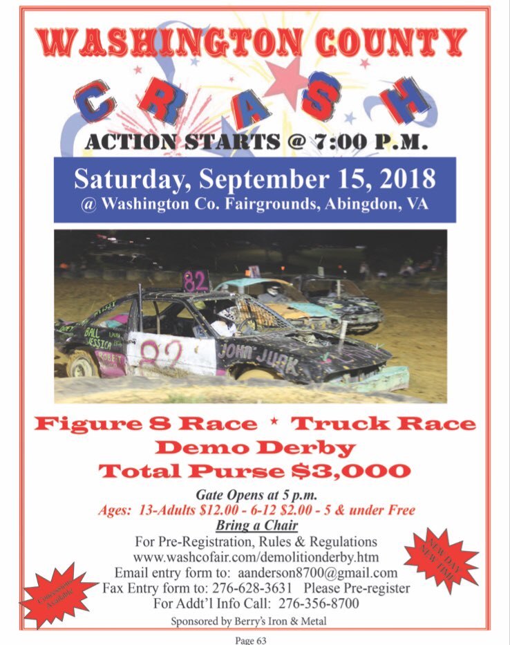 WashCoVaFair's tweet photo. Mark your calendar now for The Demolition Derby @WashCoVaFair in @VisitAbingdon Saturday, September 15th!!! https://t.co/pgC3Bmi3Zt
