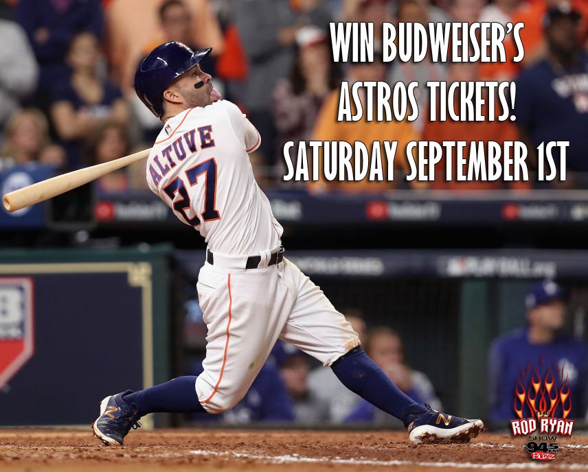 Rod Ryan Show (@rodryanshow) on Twitter photo RT To Win a 4 Pack of <a href="/astros/">Houston Astros</a> tix in the Budweiser Brewhouse at <a href="/MinuteMaidParks/">Minute Maid Park</a> this Saturday! Thanks to @BudLightHtown RT To Win a 4 Pack of <a href="/astros/">Houston Astros</a> tix in the Budweiser Brewhouse at <a href="/MinuteMaidParks/">Minute Maid Park</a> this Saturday! Thanks to @BudLightHtown