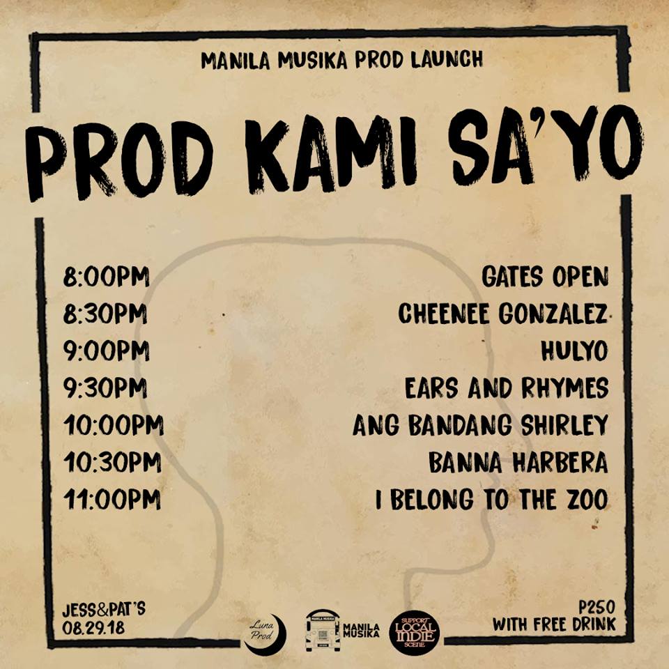 hulyomusic's tweet photo. We're excited to play tomorrow at @jessxpats, Maginhawa for Prod Kami Sa'yo, @manilamusika production launch!
We'll be playing alongside @cheeneegonzalez, @EarsRhymes, @thebandshirley, @BannaHarbera, and @ibelongtothezoo!
#HulyoMusic
#ProdKamiSayo
#ManilaMusika https://t.co/nQbCRUyBPo