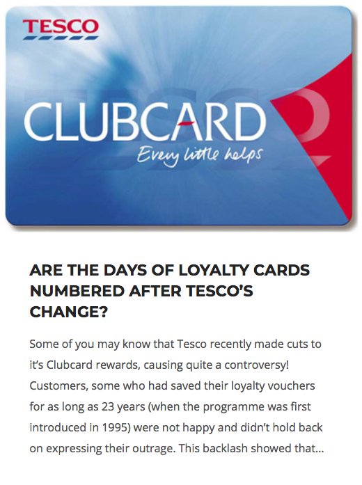 WhiteLabelLoyal's tweet image. Remember the Clubcard Controversy?! When Tesco made cuts to their rewards that outraged customers... But what does it mean for Loyalty Cards? Find Out &amp;gt;&amp;gt;&amp;gt; mf.tt/KWBoEm #ClubcardControversy #TescoClubcard #RewardsSystem #LoyalCustomers #LoyaltyApp #MobileApp #Retail