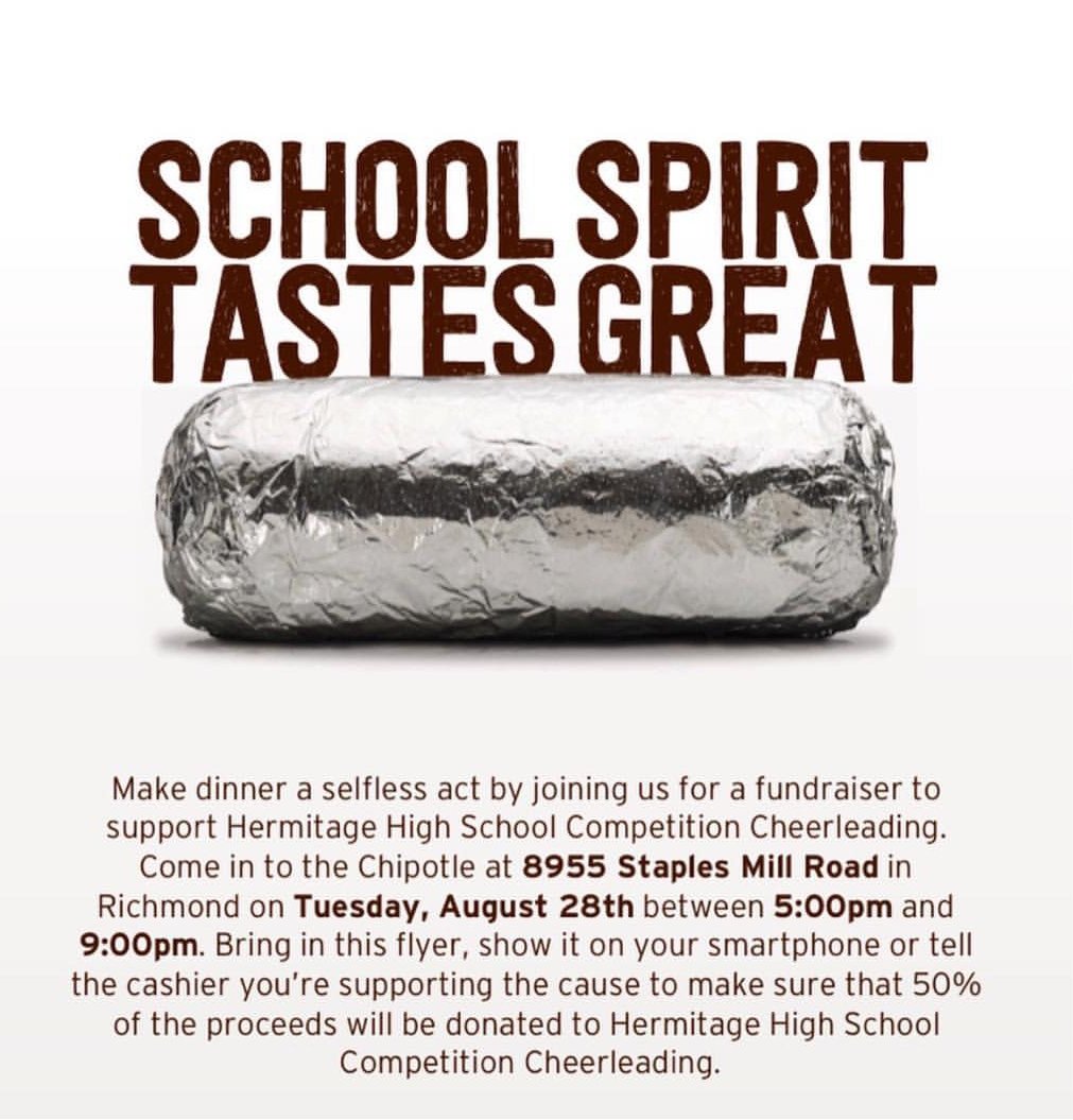HermPTSO's tweet photo. Support our Hermitage Panther Cheerleaders! TODAY! 5 - 9 PM @ Chipotle 8955 Staples Mill Road... https://t.co/Xx33mJGPtQ
