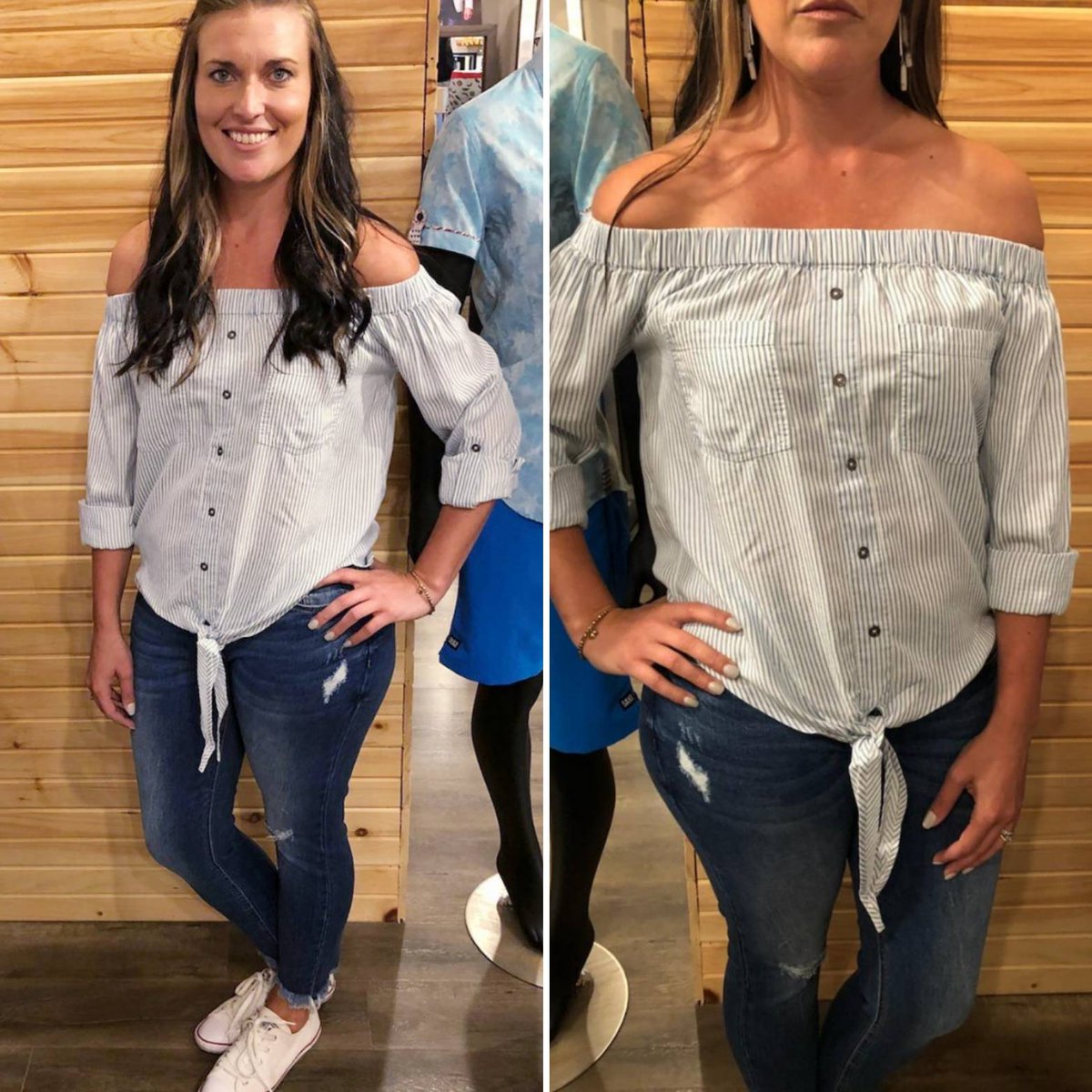 XclusiveElement's tweet photo. Loving this transitional top from summer into fall with role up sleeves!  Denim by Dex too paired with some sneakers and your off in a comfy chic look!👚👖👜
.
.

#distressed #blouse #wearnow #ootd #fashion #trending #offshoulder #distresseddenim #dexdenim #xclusiveelements https://t.co/tVvLYDJJyS
