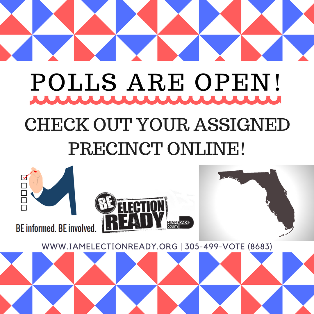 VoteMiamiDade's tweet photo. .@MiamiDadeCounty VOTERS! Polls are now open for the #2018PrimaryElection! Be sure to visit your ASSIGNED precinct to cast your #Vote! https://t.co/QFKW5AbjCc #BeElectionReady #ElectionDay #PollsAreOpen https://t.co/jTxg6cYmOd
