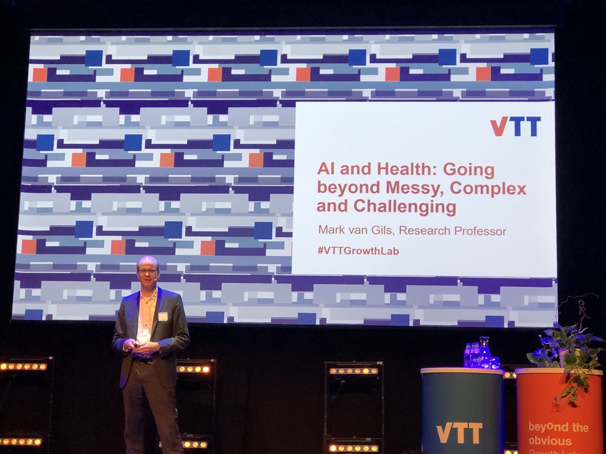 AlvinoneApp's tweet photo. Attending our long-term scientific partner’s #VTTGrowthLab event - @mark_van_gils AI research professor on stage explaining why #AI in #healthcare is messy, complex and challenging. How lucky are we to be workingwith the best though! @VTTFinland https://t.co/x78ZVk0yFE