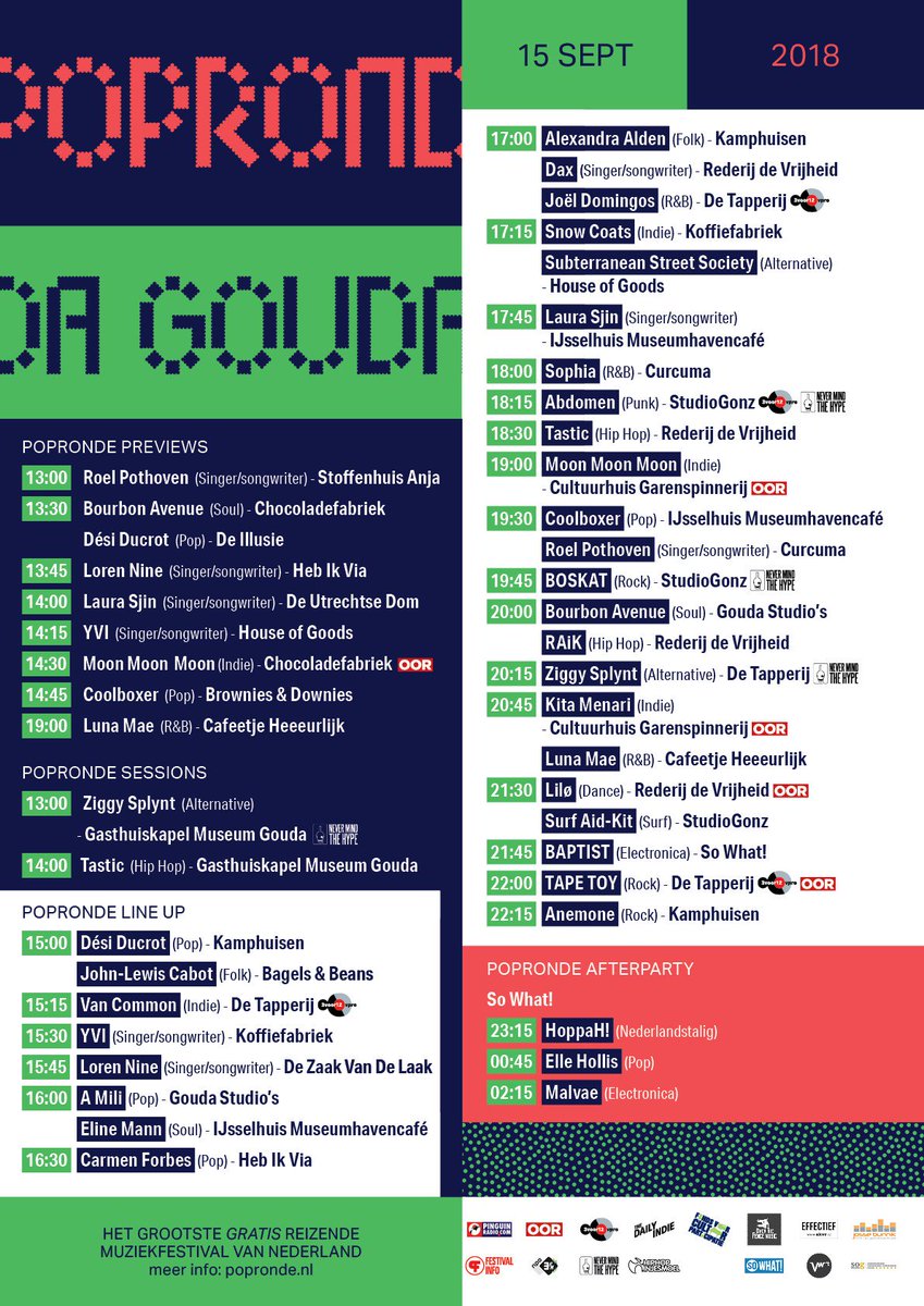 Het programma van <a href="/PoprondeGouda/">Popronde Gouda</a> is heulemaal rond! 45 optredens op 21 locaties door de hele binnenstad tussen 13:00 uur en 03:00 uur. Gratis te bezoeken.