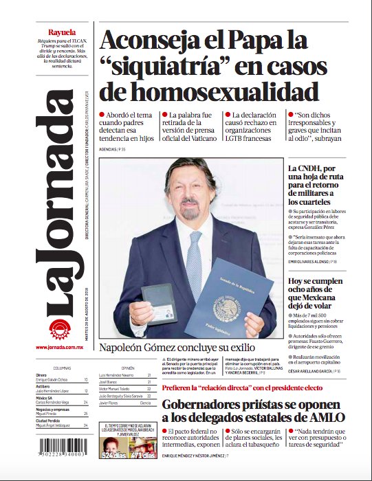 Contraportada de hoy de <a href="/LaJornada/">La Jornada Impresa</a> bit.ly/2MyC2wW