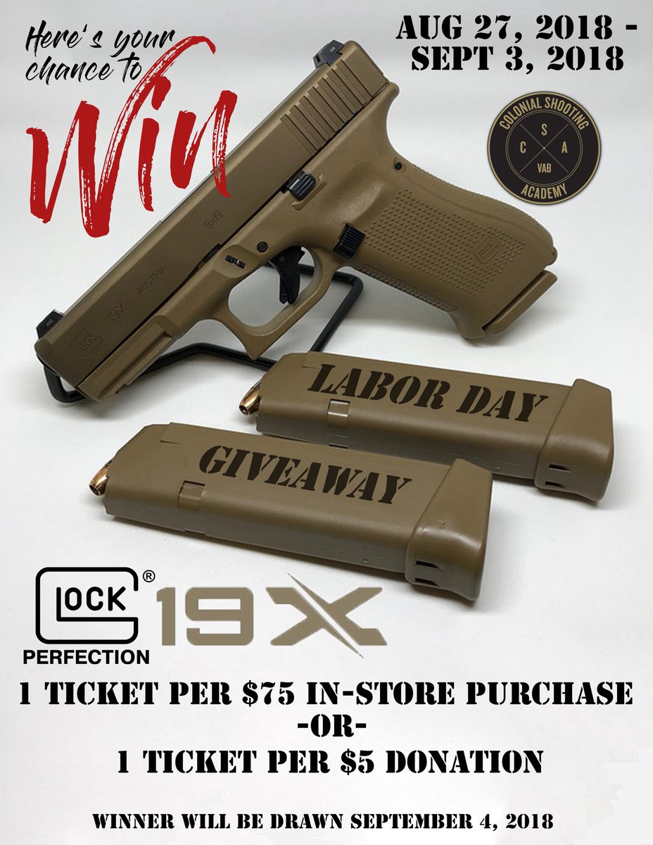 FSCVABeach's tweet photo. Hereβs a chance to win a #Glock 19X! Labor Day Giveaway! #csavab #colonialshootingacademy #csavb #labordayweekend #giveaway #pewpewpew #pewpewlife #gunporn #winnerwinnerchickendinner #9mm #fde #cerakote https://t.co/Uuht1mxHOW