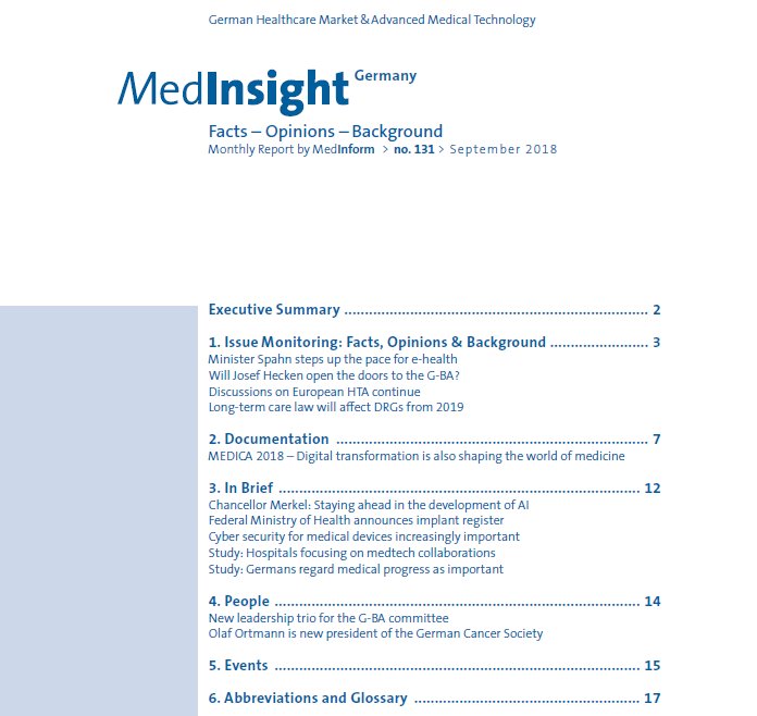 BVMed's tweet photo. Our new #MedInsight Germany issue with monthly information on the German #MedTech market is out:
News on @jensspahn #DigitalMedicine #DigitalHealth #DRG #MDR #eu_mdr #Telemedicine @GKV_SV @stamm_fibich @IGW_eV @VdK_Deutschland
https://t.co/veVS5So4QV https://t.co/tLo1TZKUf0