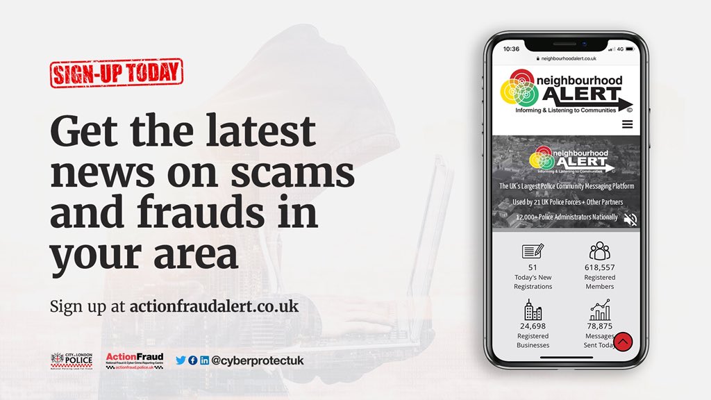 Sign up for free to Action Fraud Alert to receive direct, verified, accurate information about scams and fraud in your area: actionfraudalert.co.uk #CyberProtect