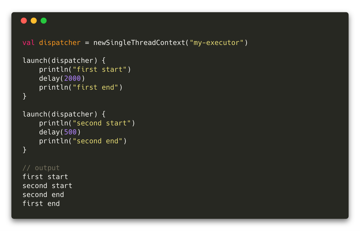 If you want to execute two tasks sequentially do not rely on the single thread coroutine dispatcher. This may be a common mistake. 

Thanks to <a href="/replicantnemi/">Andras Nemeth 🇺🇦</a> for raising this today.

#Android #Kotlin #coroutines