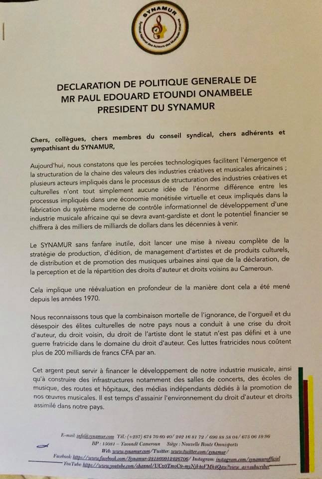synamurca's tweet photo. Good news! President #Krotal has published the Political Declaration for #Cameroon's #UrbanMusic #TradeUnion #Synamur. Check out the full documents in #French and #English on  https://t.co/d7tIbWG4ud Spread the word. https://t.co/YEsQv7CTRC