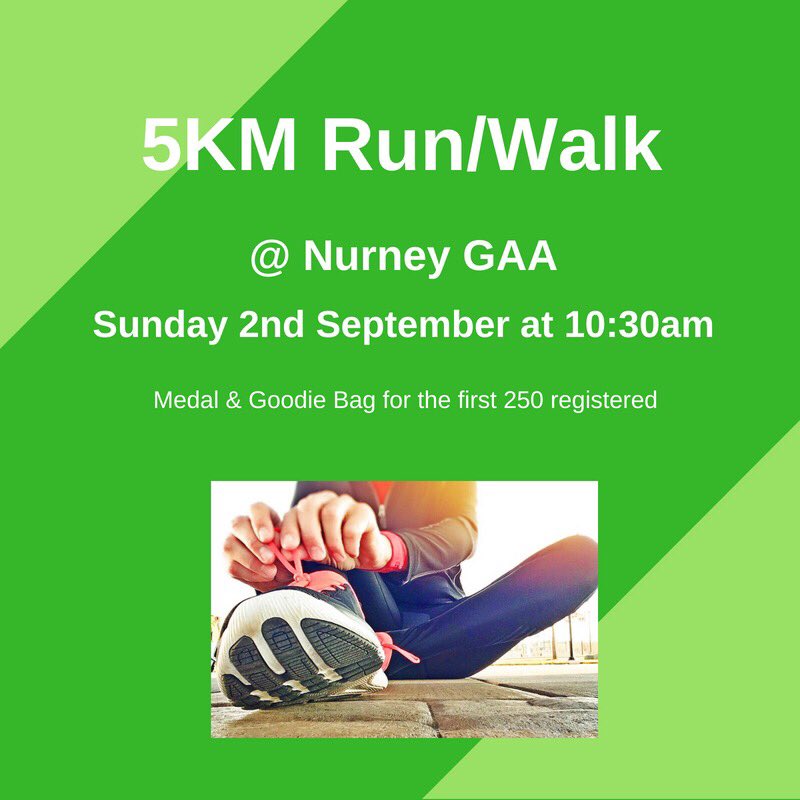 5KM Run/Walk on Sunday 2nd September say 10:30am in Nurney GAA. Register now popupraces.ie/events/nurney-… 🏃🏼‍♀️🏃🏻