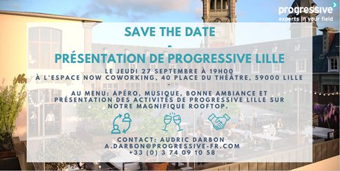 Progressive Lille est ravi de vous annoncer sa soirée de présentation qui se déroulera sur l'un des plus beau rooftop de la ville !

Contactez nous pour y participer !
27/09 à 19h 
#Informatique #Ingénierie #Freelance #CDI #i4emploi