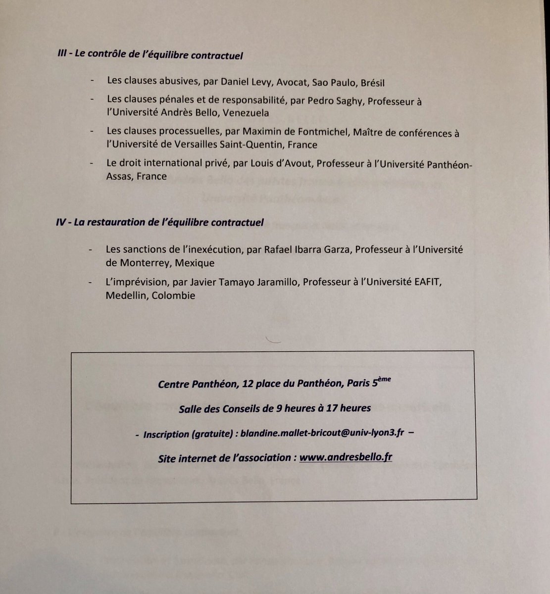 L’équilibre contractuel en droit français et latino-américain - colloque Association Andres Bello / Université Paris 2 - Paris, le 4 octobre 2018 (inscription Blandine.mallet-bricout@univ-lyon3.fr)