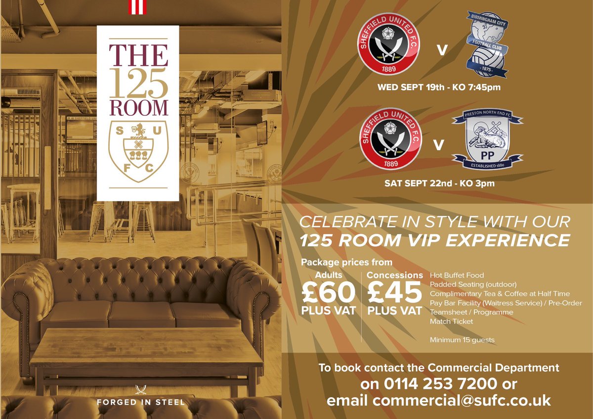 SUFCServices's tweet photo. 🎉🤩 Special Occasion? Something to Celebrate? 🥂🍾

Do it in style with our 125 Room VIP experience. Bookings now being taken for the @BCFC and @pnefc fixtures.

Full package details here ➡️ https://t.co/oQaUW5O9Sn

#sufc #twitterblades 🔴⚪️⚫️⚔️ https://t.co/XgzRbzCL9S