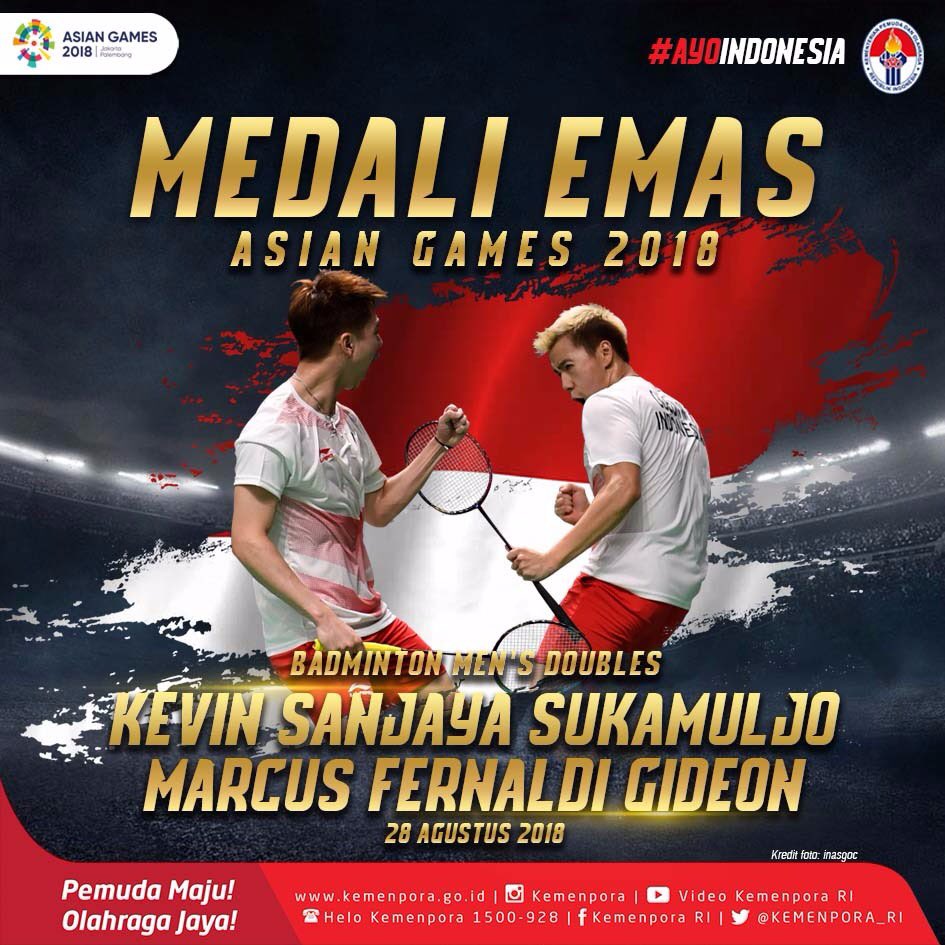 imam_nahrawi's tweet photo. Luarrrr Biaasaaaaa..... Medali Emaaaassssss dari Markus Fernaldi Gideon dan Kevin Sanjaya.
Terima kasih coach Herry Irman Pirngadi, berkat Tangan dinginmu bisa membuat all indonesian final ini... terima kasih 🙏 -IN 

#ayoindonesia
#indonesiajuara 
#asiangames2018 https://t.co/Z5c5fzhxYG