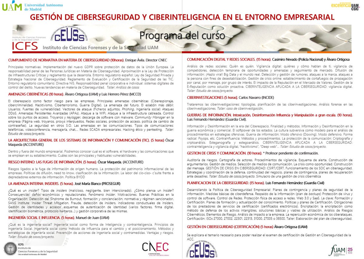 ICFS_UAM's tweet photo. El 14 de septiembre comenzamos nuevo #CursoICFS en colaboración con la Confederación Empresarial de Usuarios de #Seguridad y Servicios #CEUSS "Gestión de #ciberseguridad y #ciberinteligencia en el entorno empresarial"
https://t.co/dcLFT6jHMr https://t.co/IeRLUJrod4