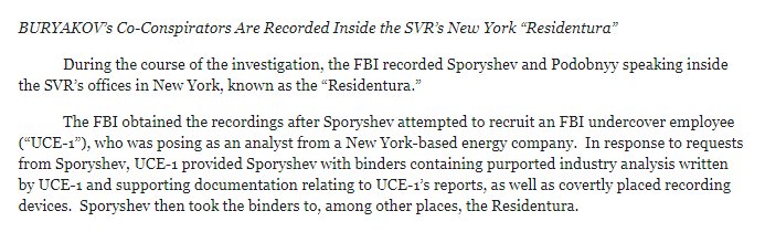 23) SVR agents had “walked into a FBI trap”, wherein Russians were tricked into trying to recruit a FBI “dangle” who then passed wired binders that were taken inside/out of the SVR headquarters to obtain sensitive recordings. https://abcnews.go.com/International/russian-spy-pleads-guilty-walked-fbi-trap/story?id=37582518 https://www.justice.gov/usao-sdny/pr/evgeny-buryakov-pleads-guilty-manhattan-federal-court-connection-conspiracy-work