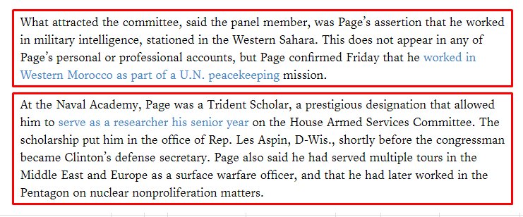 30) Or perhaps the FBI was aware of Page’s work as a MILITARY INTELLIGENCE OFFICER for a UN peacekeeping mission in Morocco that won him a prized international affairs fellowship w/the Council on Foreign Relations. https://www.charlotteobserver.com/news/politics-government/article144722809.html