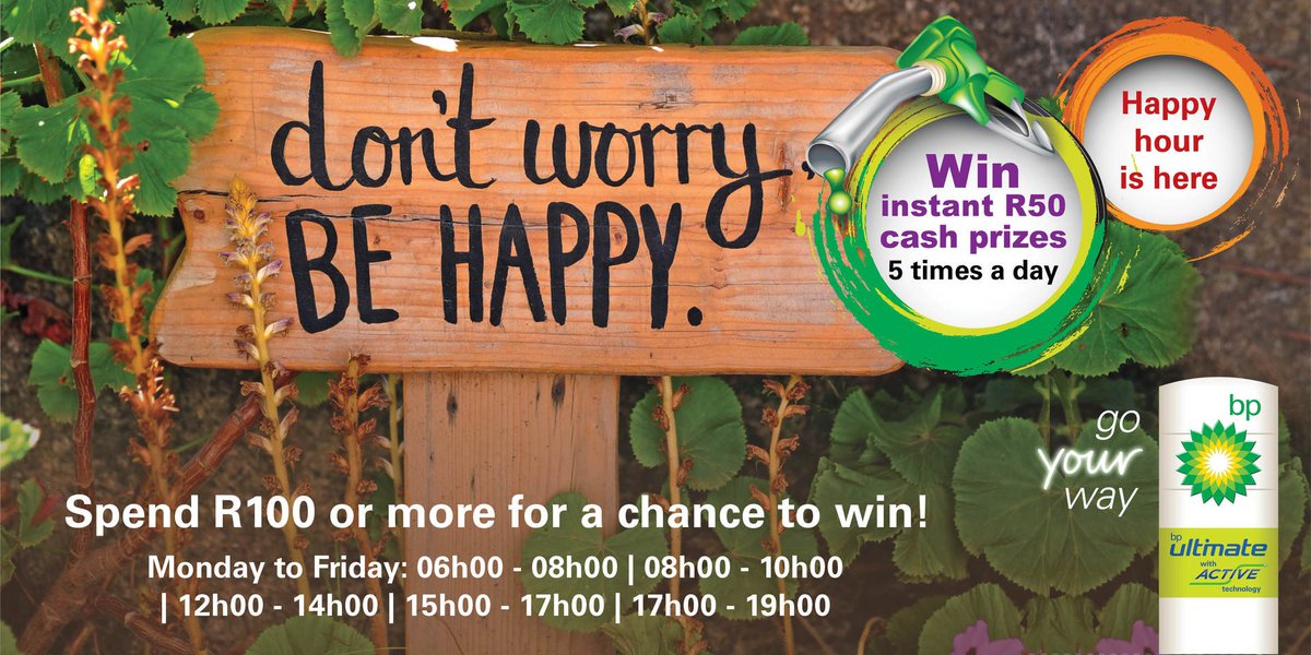 bp_SouthAfrica's tweet photo. Some days it’s easy to be happy, some days, not so much. Cheers to Happy Hour at BP! Spend R100 or more from 6am to 7pm weekdays and stand a chance to win R50 in daily instant cash prizes. #MyUltimateHappyHour!Ts&amp;Cs apply. https://t.co/jmTGozIH8X https://t.co/rqWoZ0zwYf