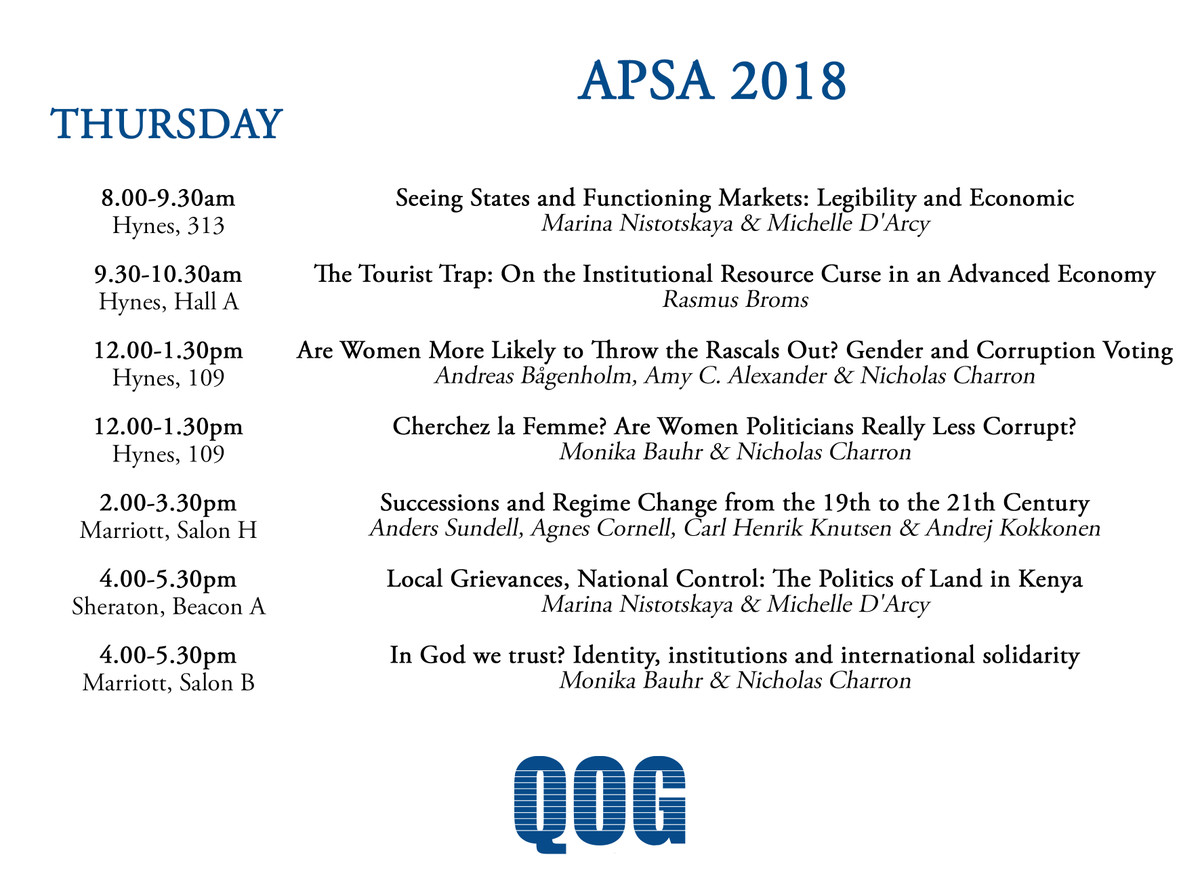 QoGData's tweet photo. Join us at #APSA2018! Attend to the presentations by our researchers and visit @GLD_Gothenburg, @vdeminstitute and us at our booth 527. On Friday at 5pm we will have a Beer and Wine reception, share with us and learn more about #qogdata https://t.co/QObTd9xGxb
