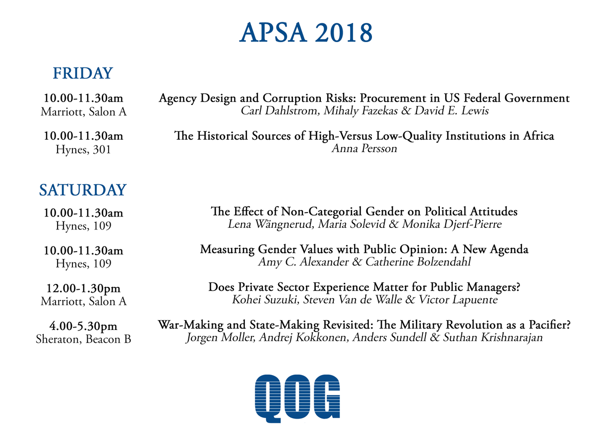 QoGData's tweet photo. Join us at #APSA2018! Attend to the presentations by our researchers and visit @GLD_Gothenburg, @vdeminstitute and us at our booth 527. On Friday at 5pm we will have a Beer and Wine reception, share with us and learn more about #qogdata https://t.co/QObTd9xGxb