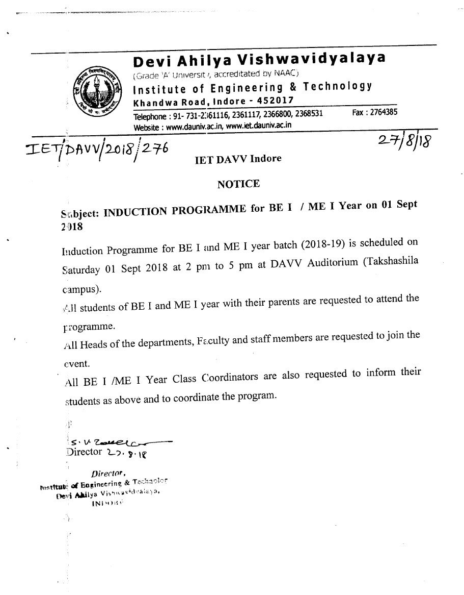 ietdavv's tweet photo. BE I YR and ME I YR Induction Program on 1st September 2018 at DAVV Auditorium https://t.co/46BagltxyV