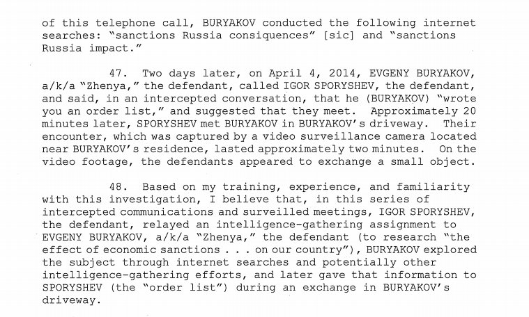 35) Some rare calls involving diplomat IGOR SPORYSHEV speaking on open lines to non-official-cover BURYAKOV were made in April 2014. Such calls were a severe breach in operational security that led to FBI discovering the SVR cell was feverish about “economic sanctions” on Russia.