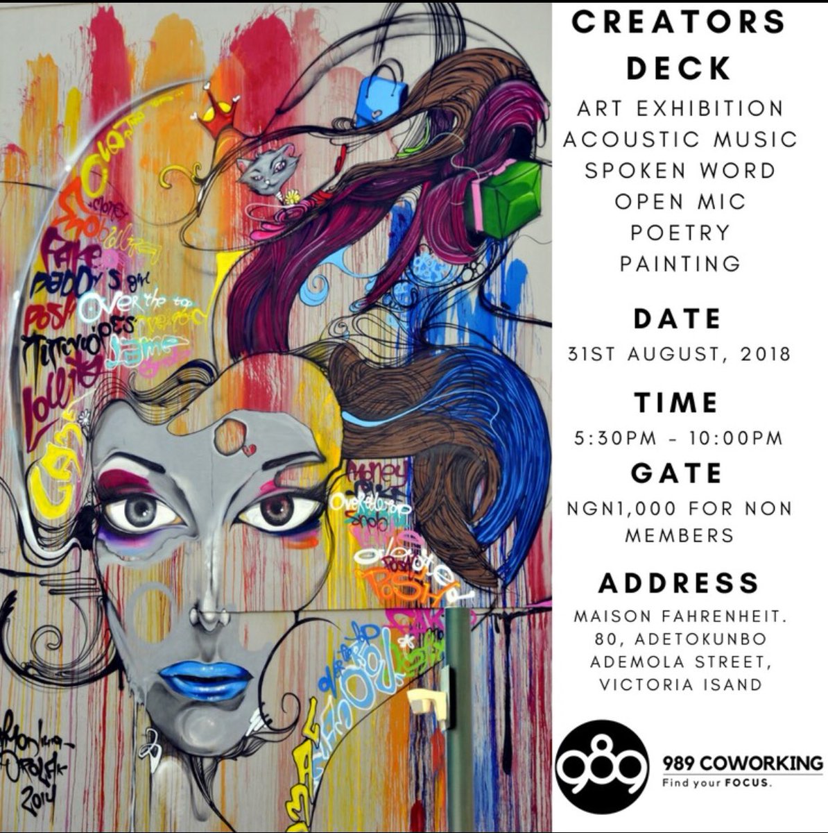 989workspaces's tweet photo. Creators Deck, this Friday. Share with all the #creatives or #creators. This #friday will be lit π
.
#989coworking
#989coworkinglagos
#coworkingspace
#coworkinglife
#coworkingcommunity
#coworking
#coworkingvictoriaisland
#art
#creators
#creatives
#culture
#creatorsdeck https://t.co/loc9AeXb01